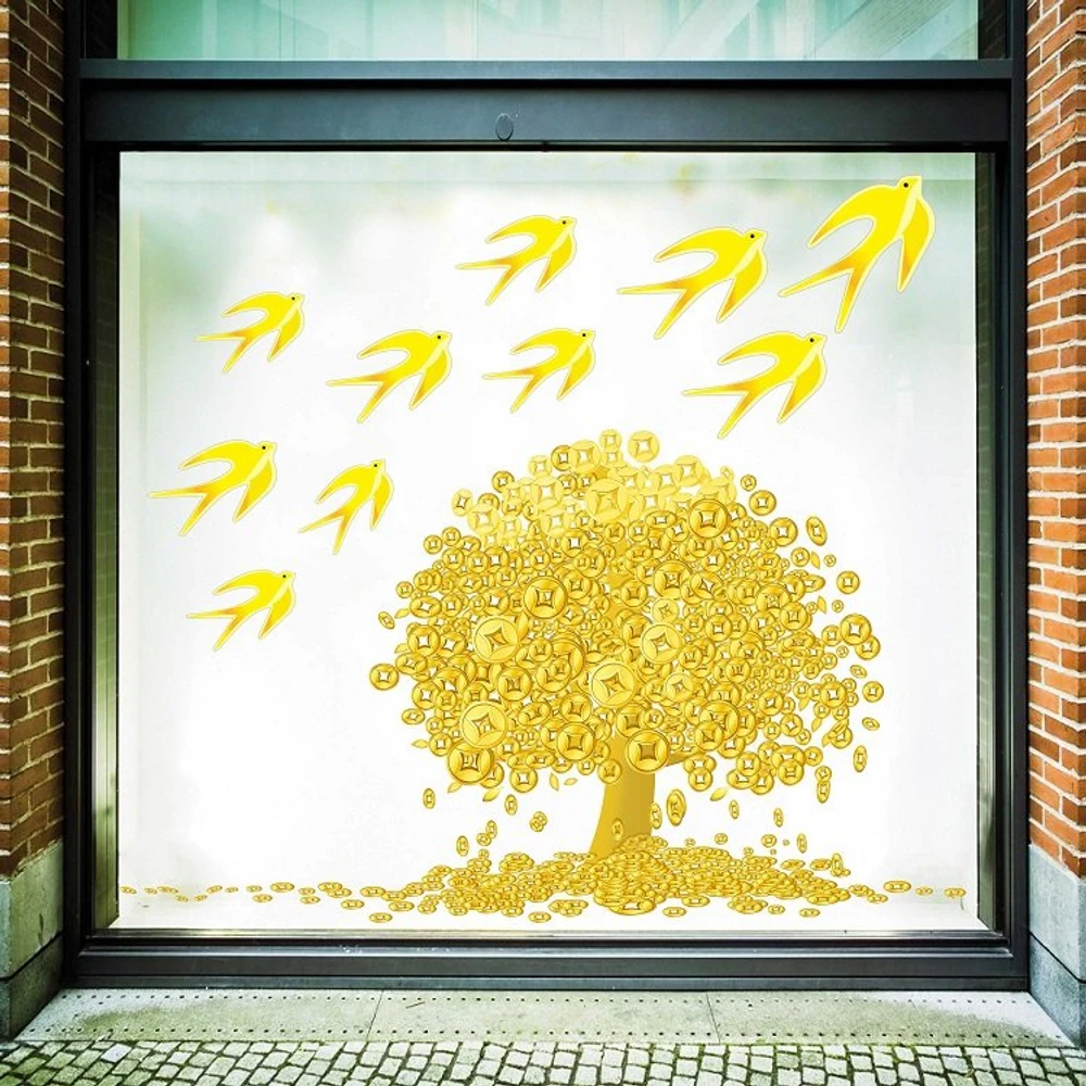 Decal trang trí tết cây đồng tiền và én vàng