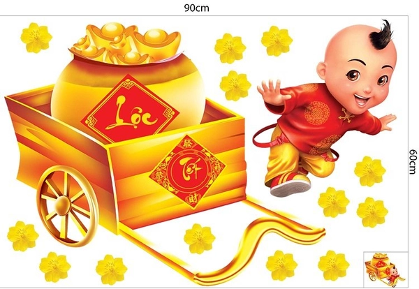 Decal trang trí tết bé và xe tiền vàng