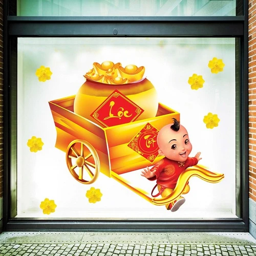 decal trang trí tết bé và xe tiền vàng