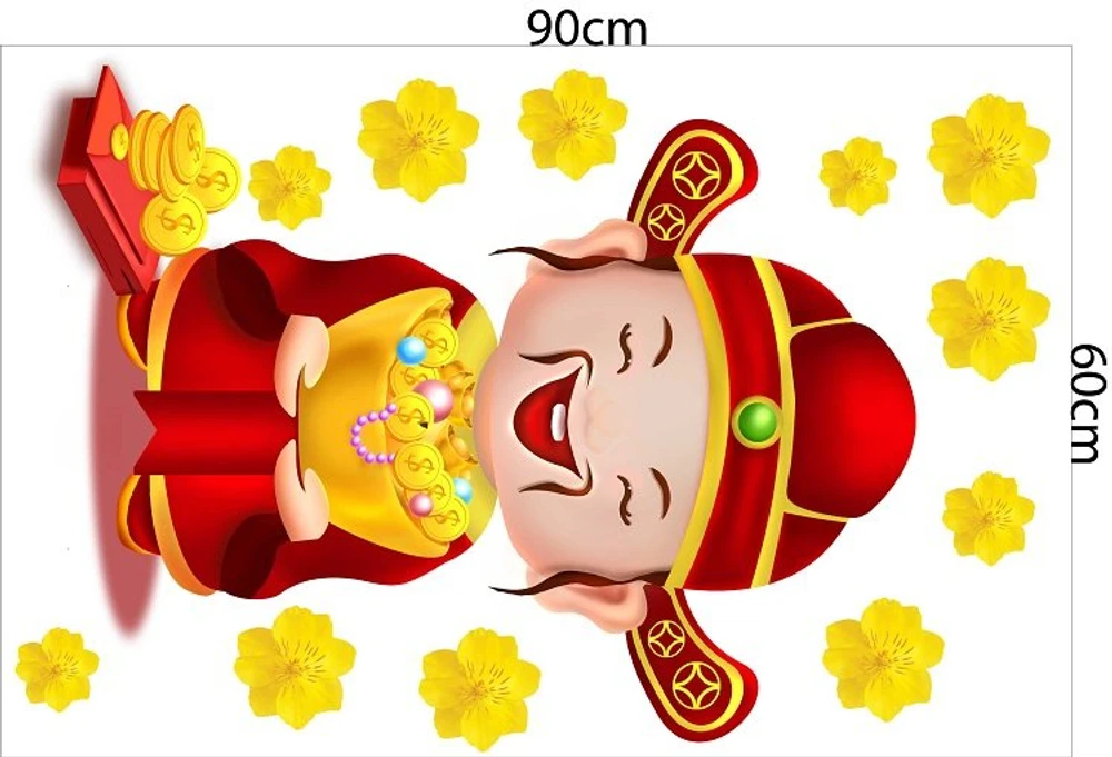 decal trang trí tết thần tài cầm thỏi vàng