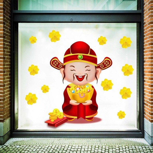 Decal trang trí tết thần tài cầm thỏi vàng