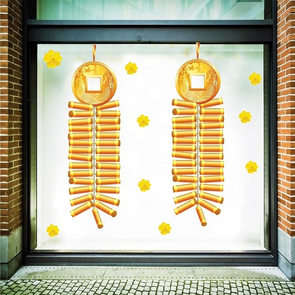 Decal trang trí tết pháo vàng tiền vàng