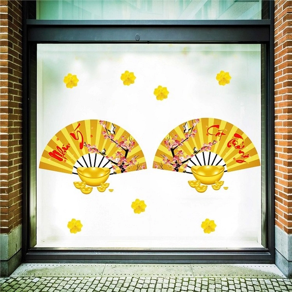 Decal trang trí tết quạt như ý vàng