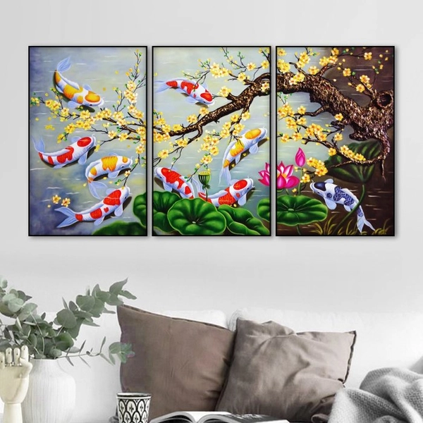 Tranh Cửu Ngư Quần Hội 3D Mai Vàng Bên Ao Sen