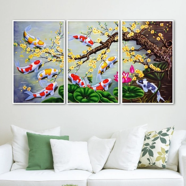 Tranh Cửu Ngư Quần Hội 3D Mai Vàng Bên Ao Sen