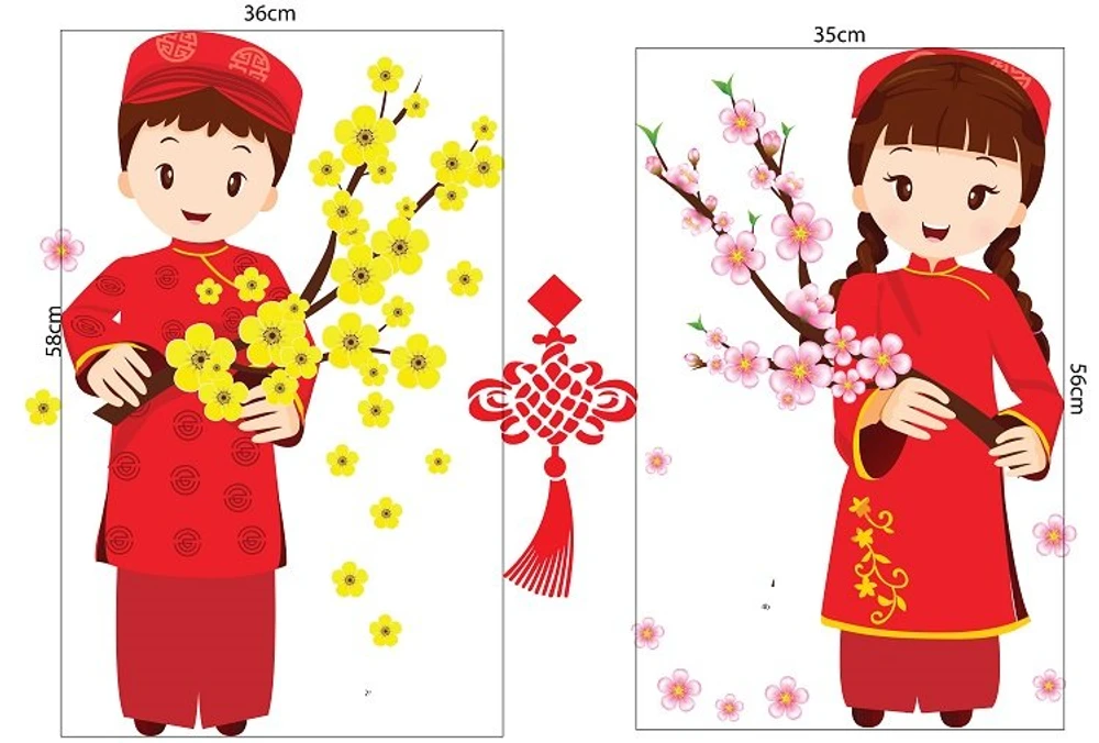 Decal bé và hoa chúc tết