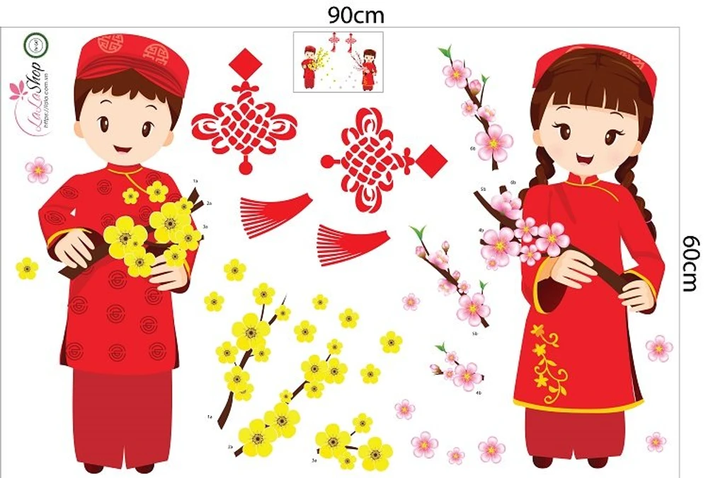 Decal bé và hoa chúc tết
