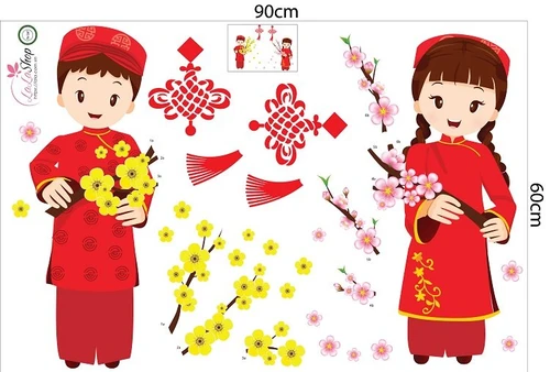 Decal bé và hoa chúc tết