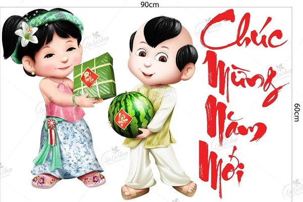 Decal Tết Hai Bé Cầm Bánh Chưng Xanh Bên Dưa Hấu Đỏ