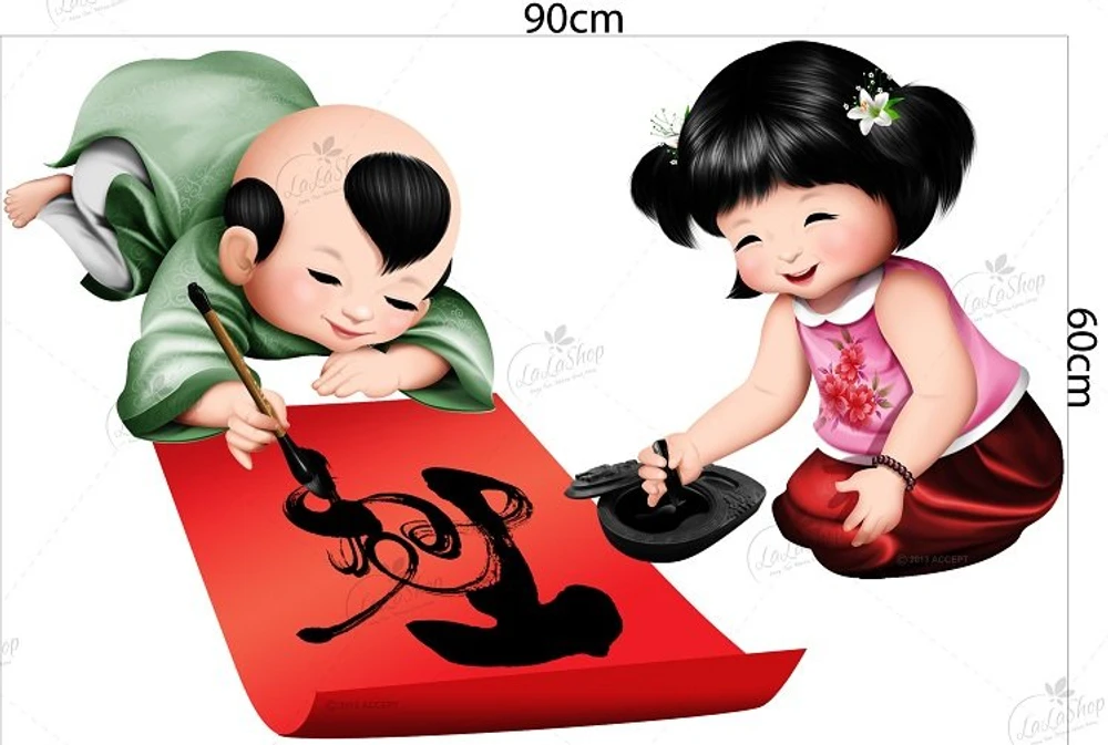 Combo Decal Trang Trí Tết Bé Viết Thư Pháp Chúc Xuân Hạnh Phúc Bình An