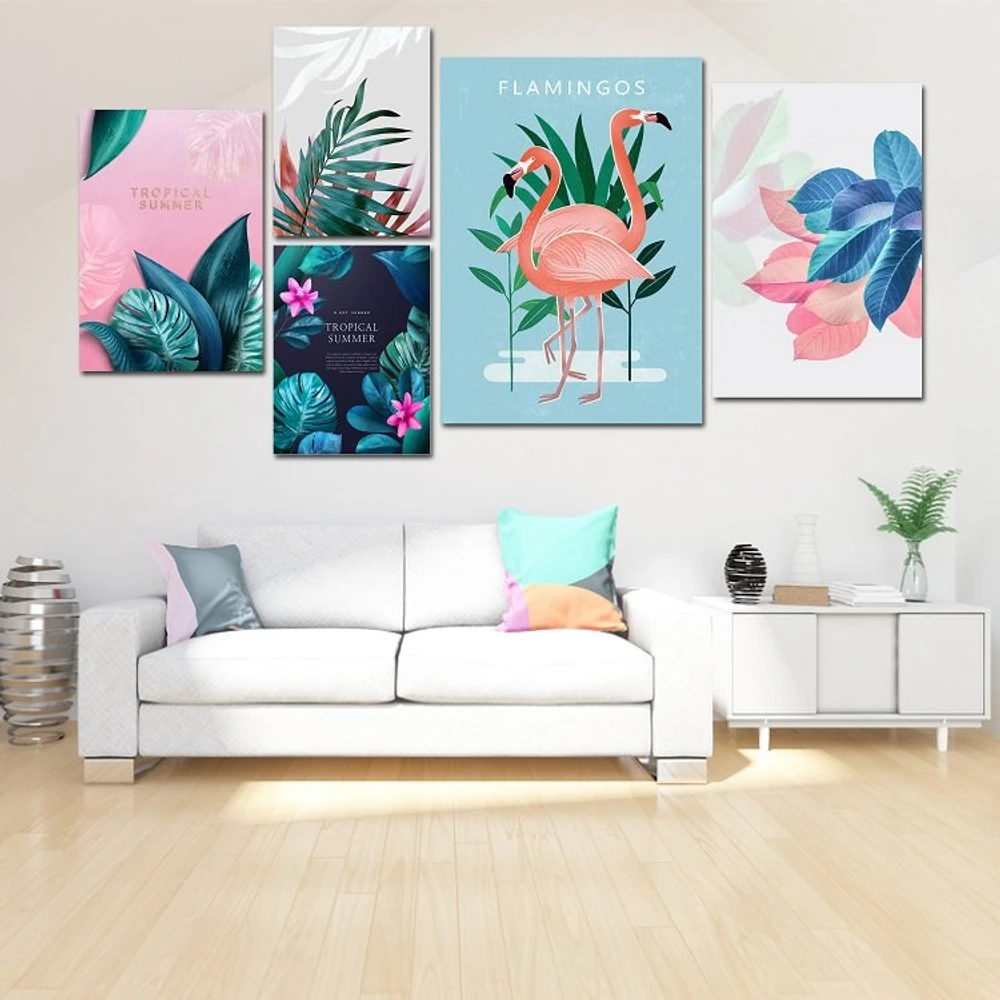 Tranh treo tường hồng hạc và lá nhiệt đới