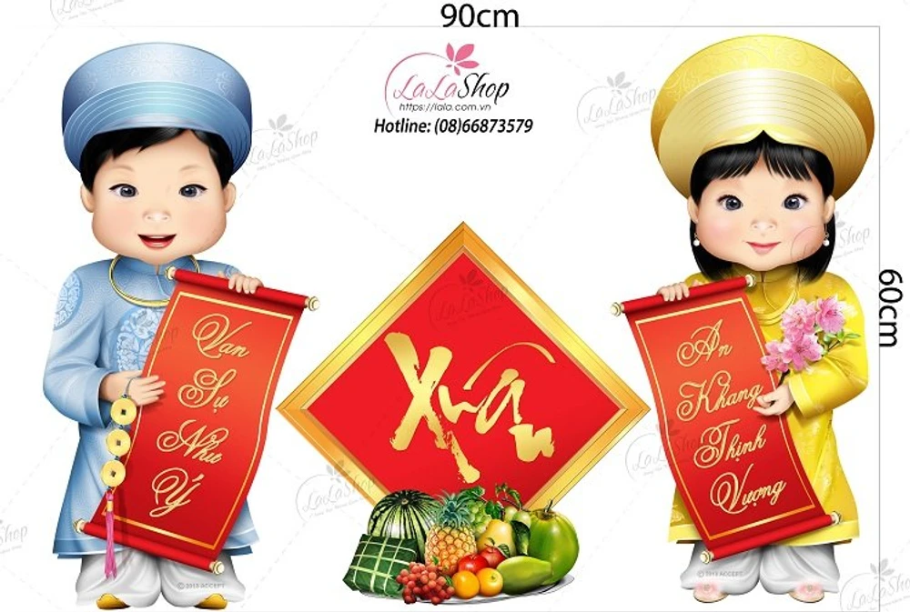 Decal hai bé chúc xuân vạn sự như ý