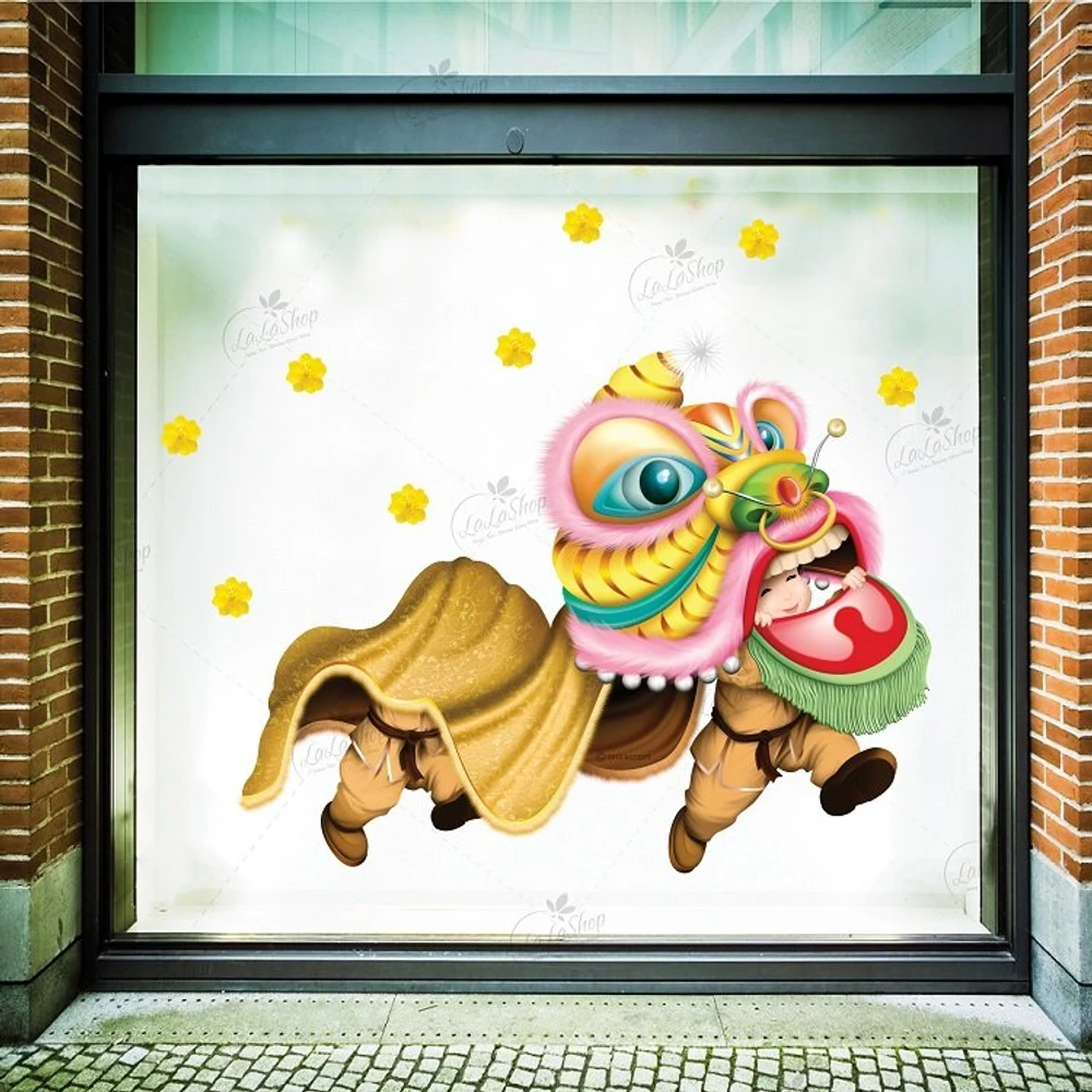 Decal Trang Trí Tết Lân Và Hoa Mai 2