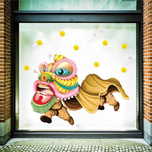 Decal trang trí tết lân và hoa mai