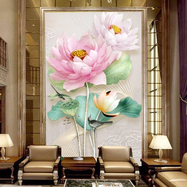 Tranh dán tường sen hồng nhụy vàng 3D