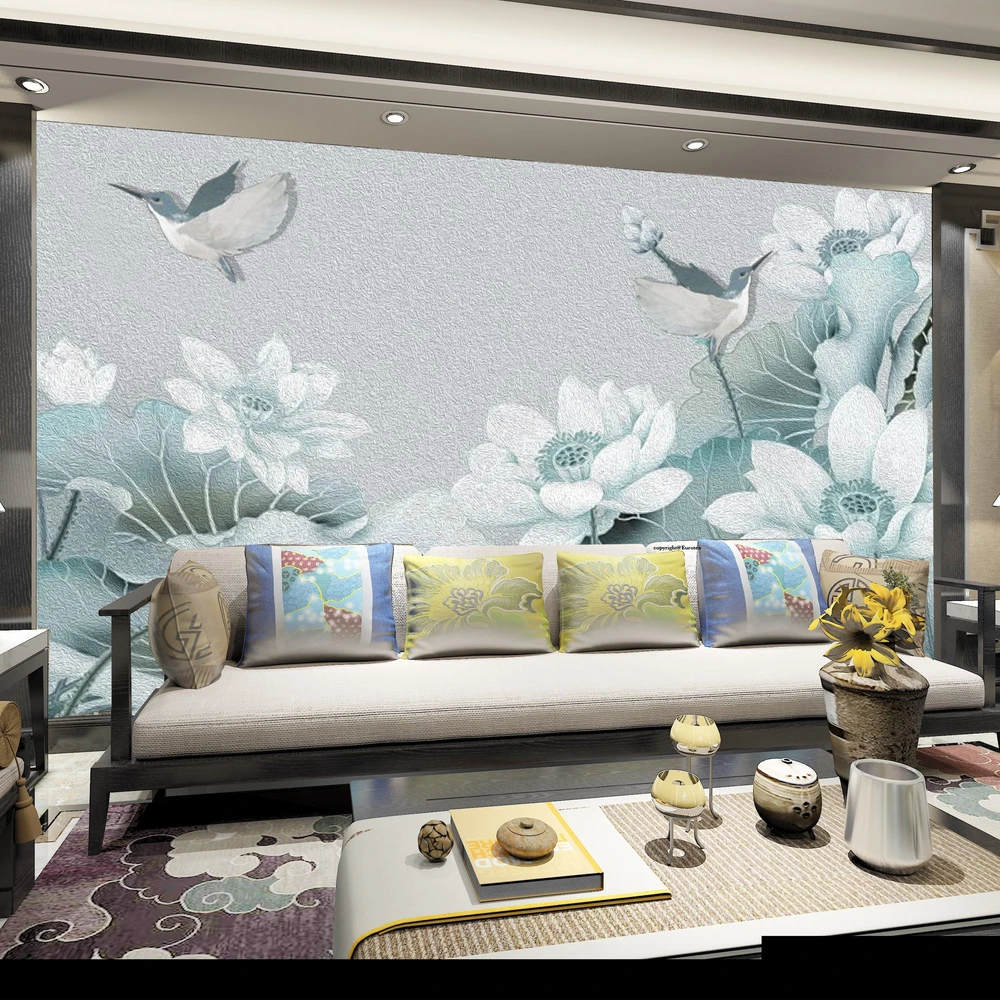 Tranh dán tường chim đậu hoa sen