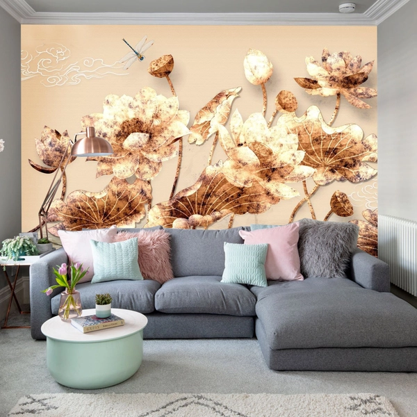 Tranh Dán Tường Đóa Sen Tinh Khiết Và Thuyền Vàng Tài Lộc