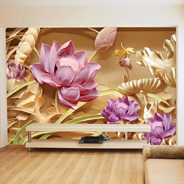 Tranh Dán Tường Đóa Sen Tinh Khiết Và Thuyền Vàng Tài Lộc