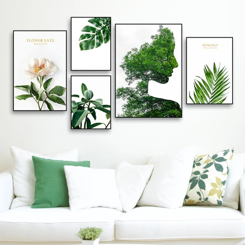 Tranh treo tường cô gái và lá xanh