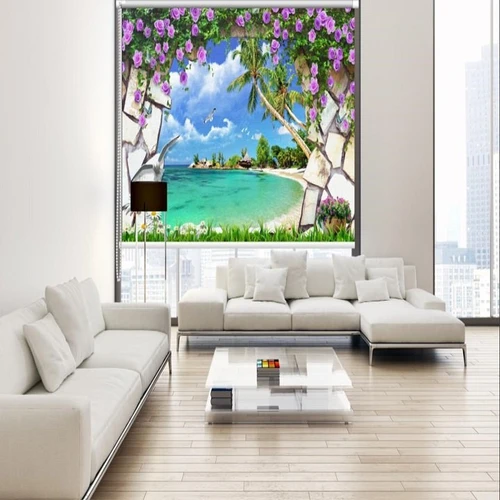 Tranh Rèm Cửa 3D Biển Và Hoa