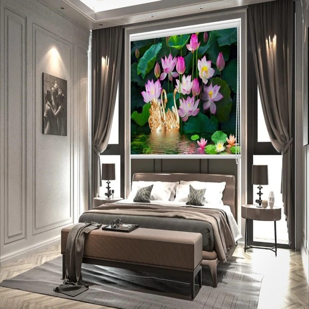 Tranh Rèm Cửa 3D Thiên Nga Và Sen
