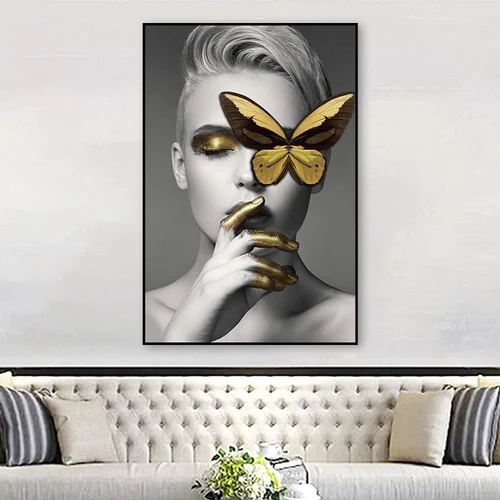 Tranh treo tường cô gái và bướm vàng