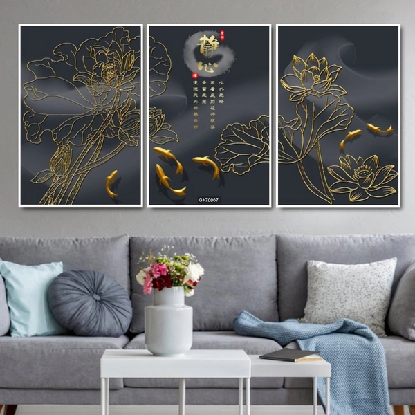 Tranh Treo Tường Sen Và Cá Chép Vàng 3D