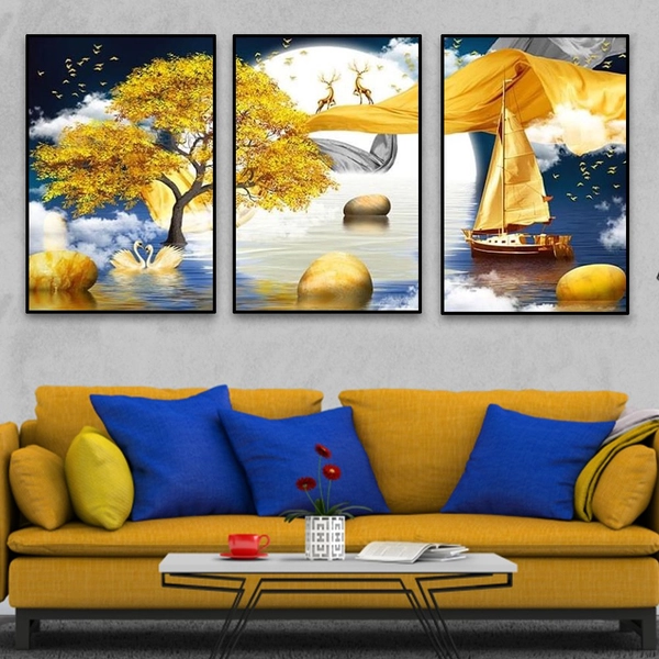 Tranh treo tường phong cảnh đôi thiên nga và thuyên vàng dưới ánh trăng