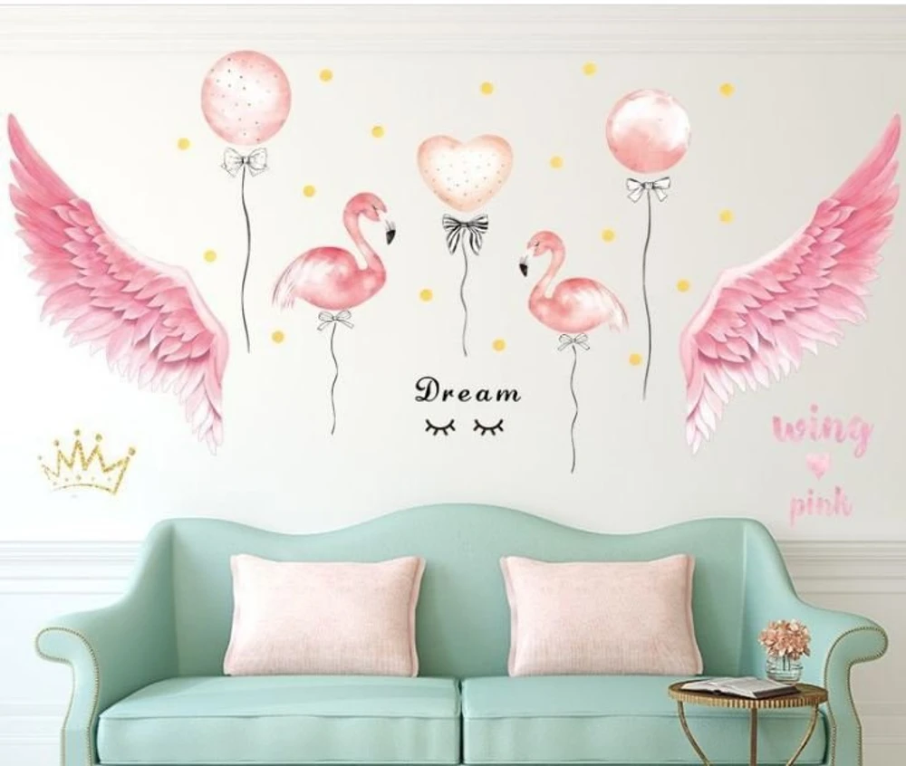 Combo decal dán tường hồng hạc và đôi cánh