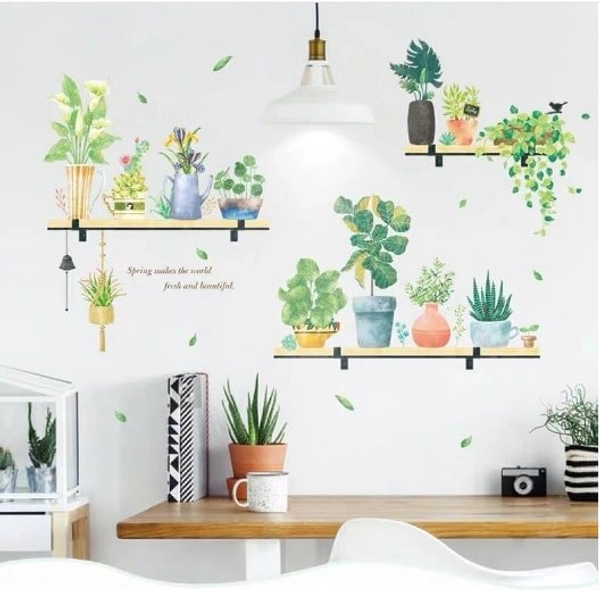 Decal treo tường kệ gỗ và chậu cây xanh