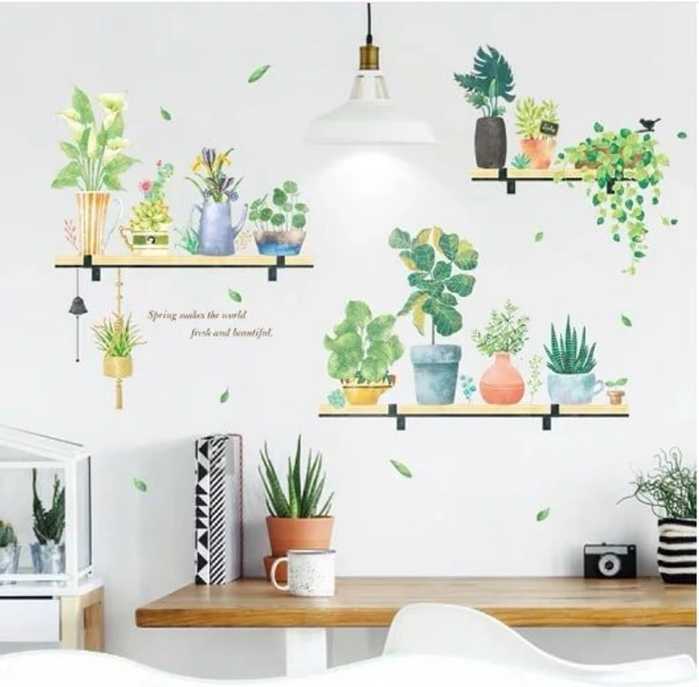 Decal treo tường kệ gỗ và cây xanh