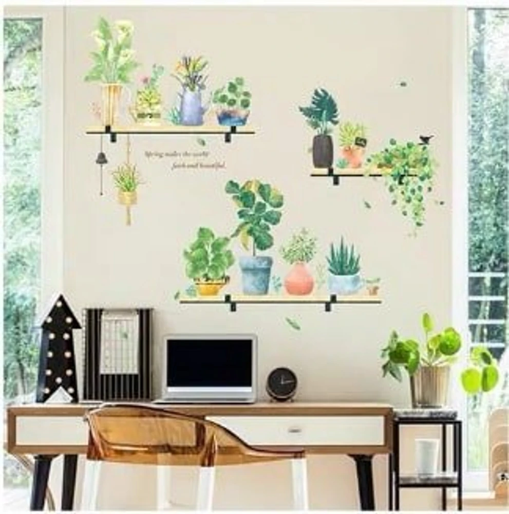 Decal treo tường kệ gỗ và cây xanh