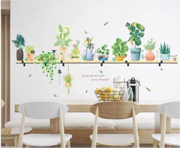 Decal treo tường kệ gỗ và chậu cây xanh