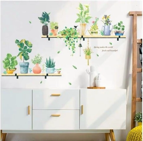Decal treo tường kệ gỗ và chậu cây xanh