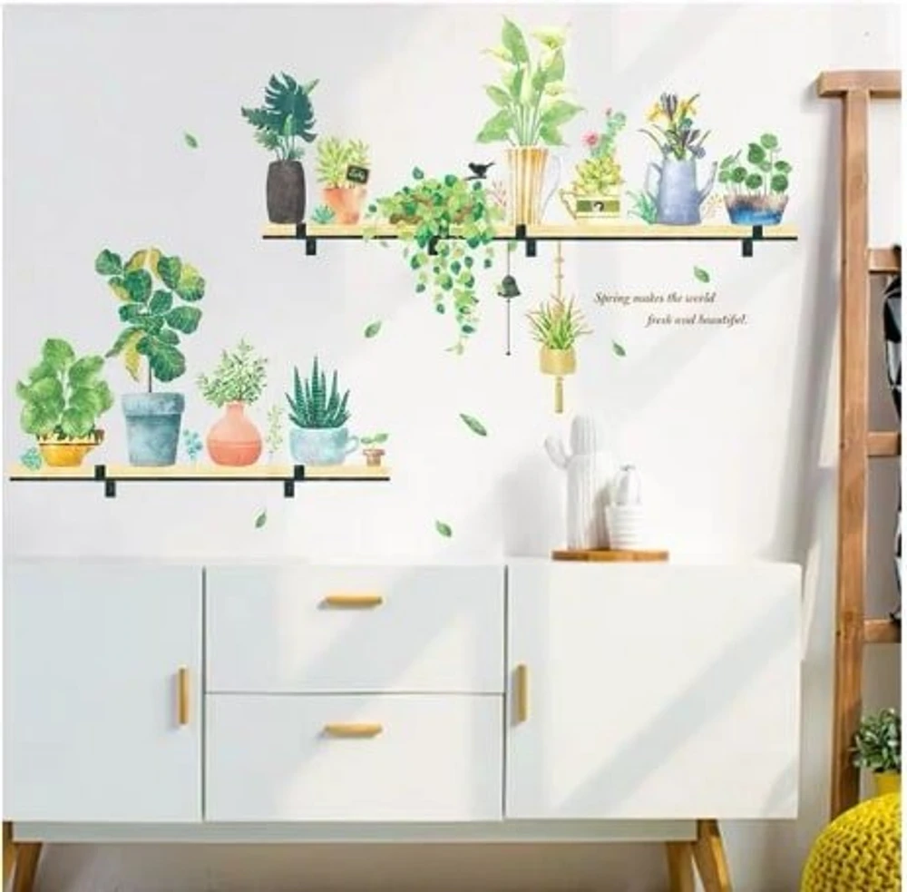 Decal treo tường kệ gỗ và cây xanh