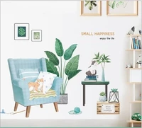 Decal treo tường sofa chậu cây xanh và mèo