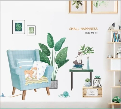 Decal treo tường sofa lá xanh và mèo