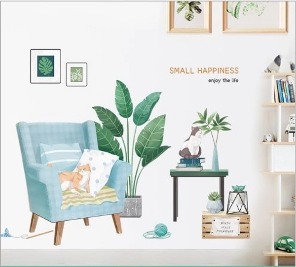 Decal treo tường sofa chậu cây xanh và mèo