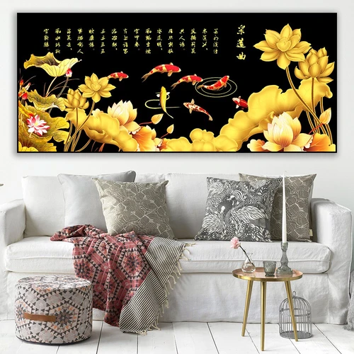 Tranh Treo Tường 3D Cá Chép Hoa Sen Vàng Phong Thủy (HG)