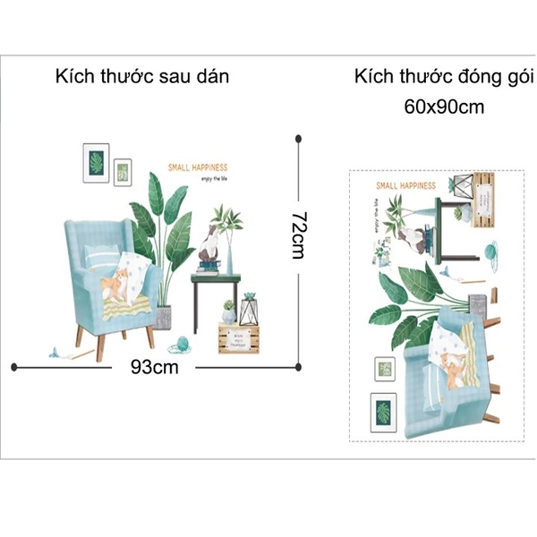 Decal treo tường sofa chậu cây xanh và mèo