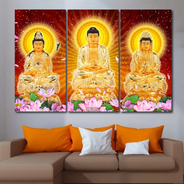 Tranh Tam Thế Phật Ngồi Trên Tòa Sen