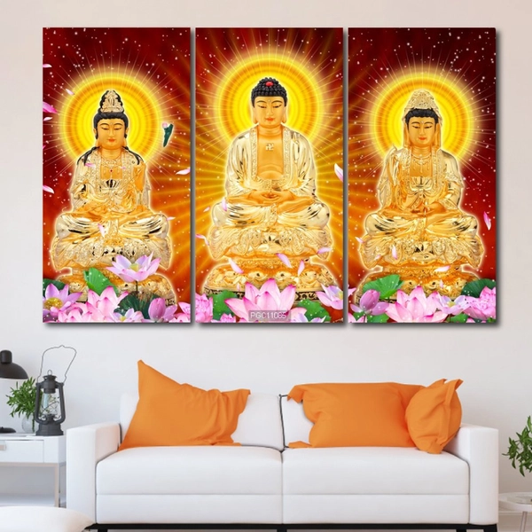 Tranh Tam Thế Phật Ngồi Trên Tòa Sen