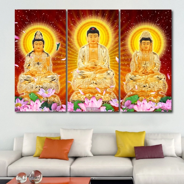 Tranh Tam Thế Phật Ngồi Trên Tòa Sen