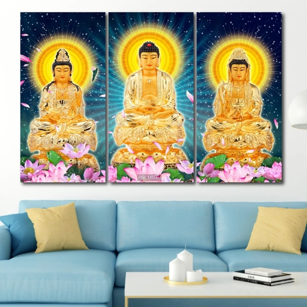 Tranh Tam Thế Phật Ngồi Trên Tòa Sen