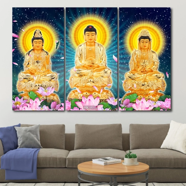 Tranh Tam Thế Phật Ngồi Trên Tòa Sen