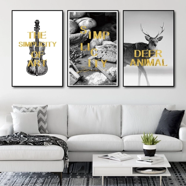 Tranh treo tường phong cách trắng đen hươu và đàn violin nghệ thuật