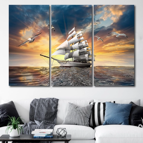 Tranh Treo Tường Bộ 3 Tấm Tráng Gương Thuận Buồm Xuôi Gió