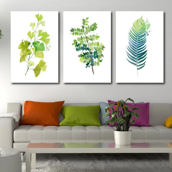 Tranh Treo Tường Bộ 3 Tấm Lá Xanh Nhiệt Đới Tươi Mát