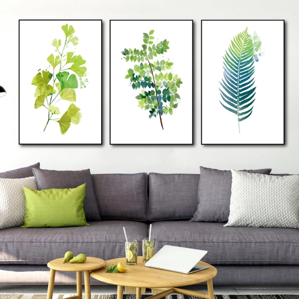 Tranh Treo Tường Bộ 3 Tấm Lá Xanh Nhiệt Đới Tươi Mát