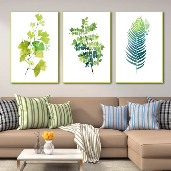 Tranh Treo Tường Bộ 3 Tấm Lá Xanh Nhiệt Đới Tươi Mát